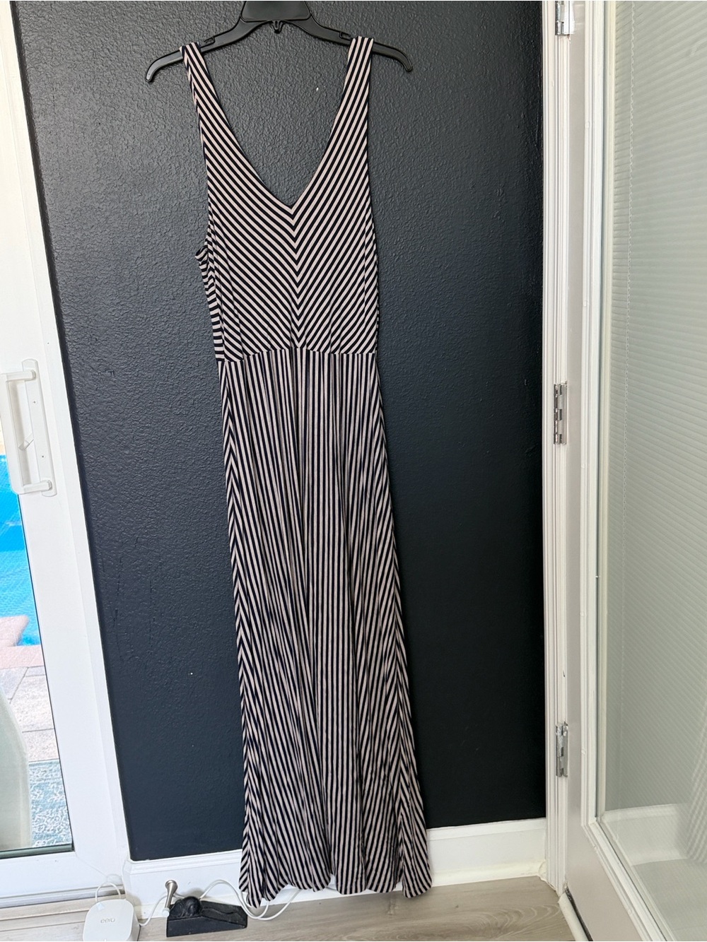 Adrienne Vittadini Black and White Striped V-Neck Maxi Dress